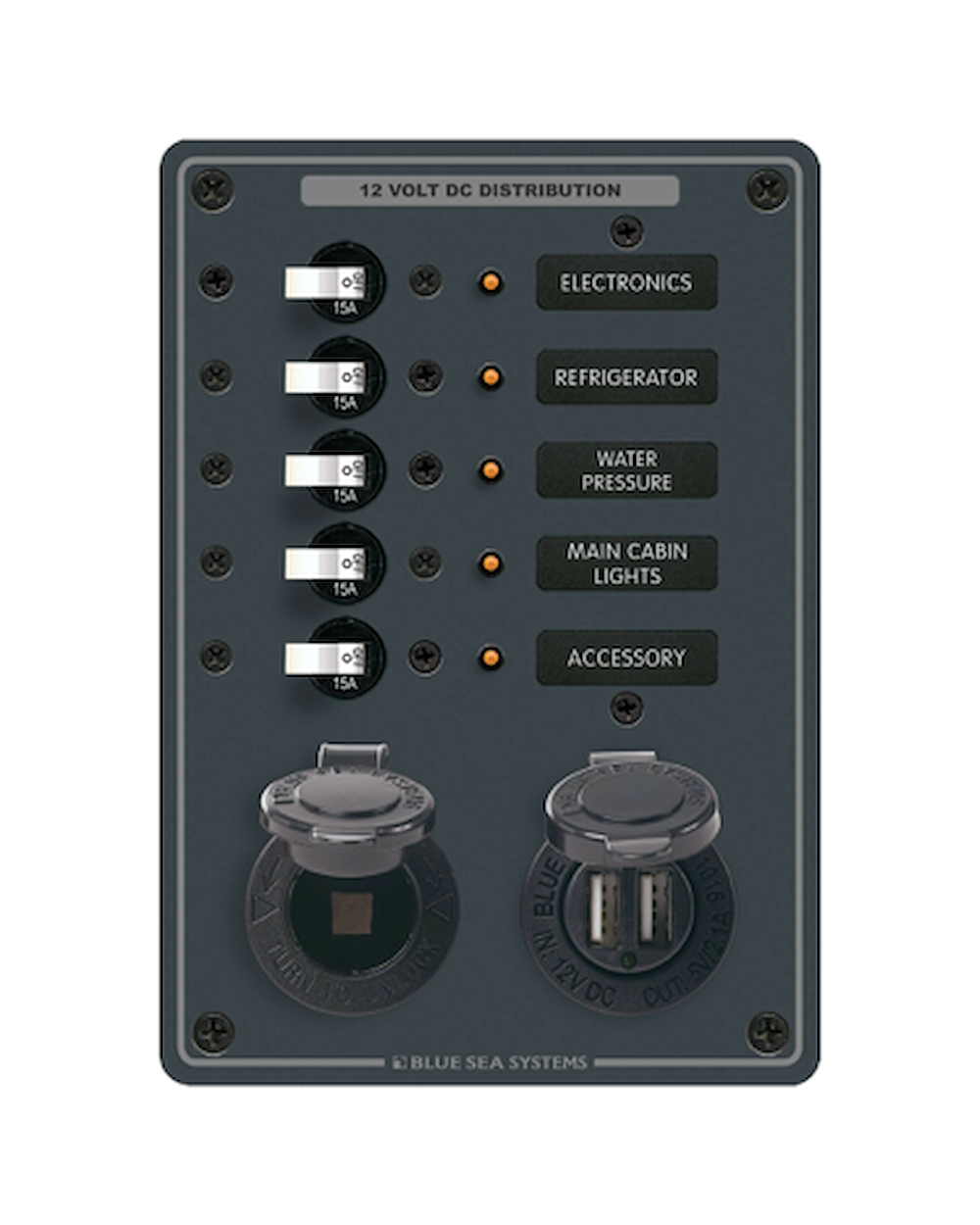 Blue Sea Systems DC panel 5 positioner + DC uttag och USB 4,8A