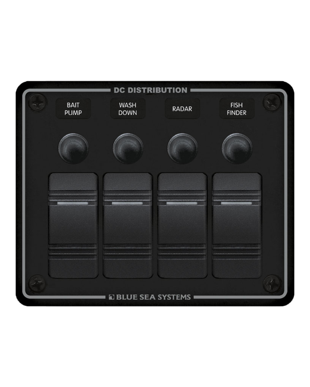 Blue Sea Systems DC panel Svart 4 positioner, med 4 Carlingbrytare