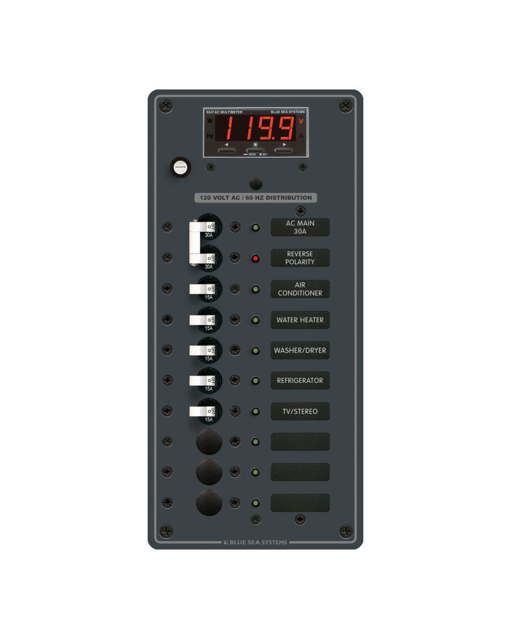 Blue Sea Systems Panel 120VAC 10pos w/Main DMM