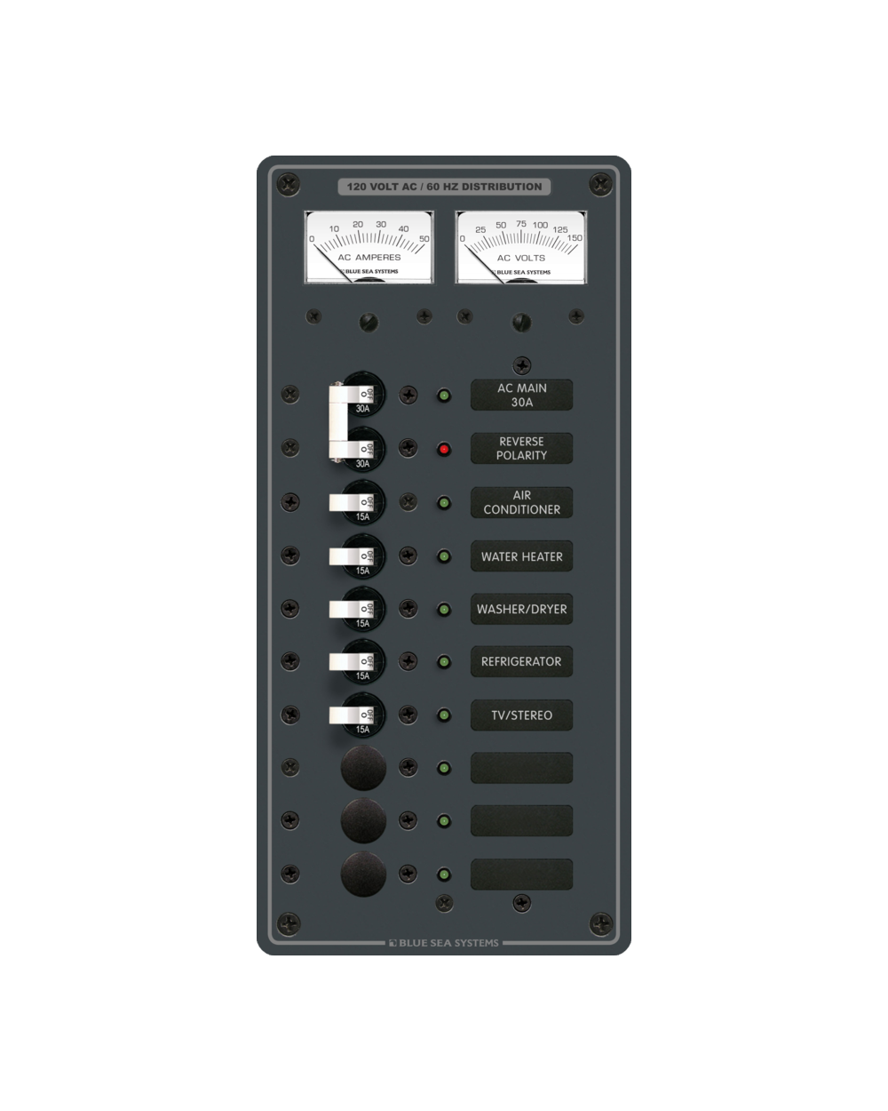 Blue Sea Systems Panel 120VAC 10pos w/Main V/Amtr