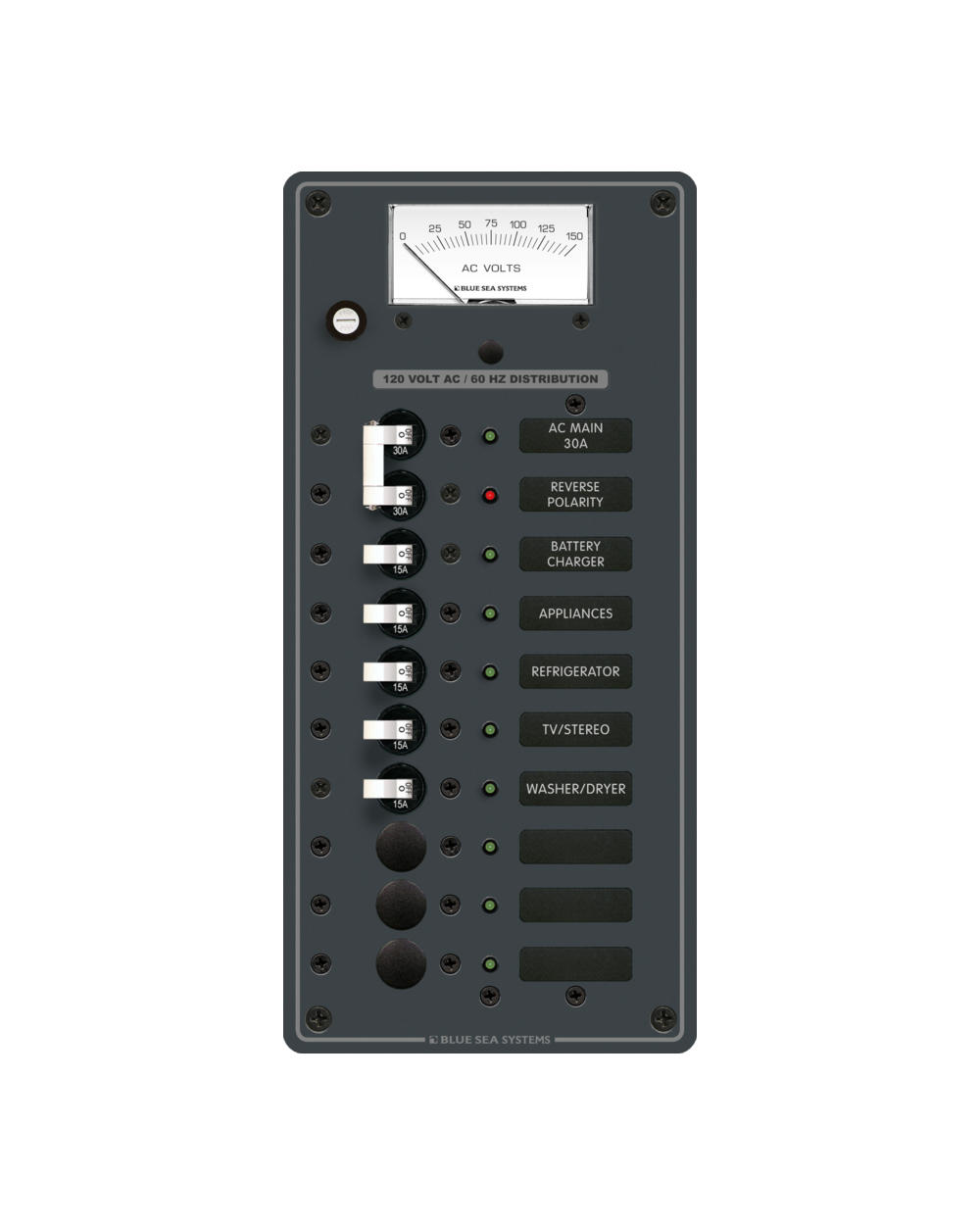 Blue Sea Systems Panel 120VAC 10pos w/Main VMtr