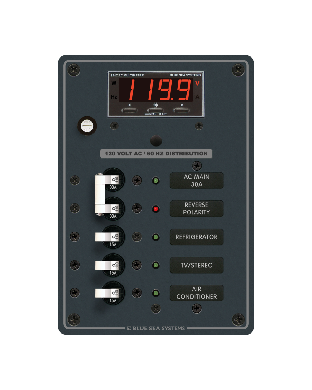Blue Sea Systems Panel 120VAC 3pos w/Main DMM V