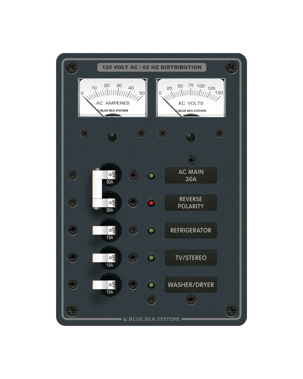 Blue Sea Systems Panel 120VAC 5pos w/Main V/AMtr