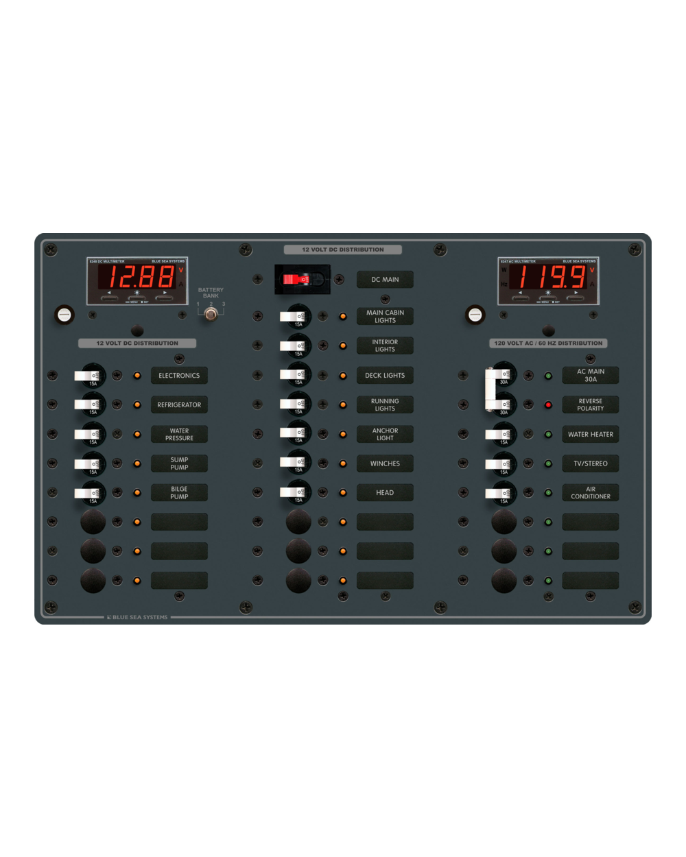 Blue Sea Systems Panel 120VAC 8pos/DC18pos DMMs