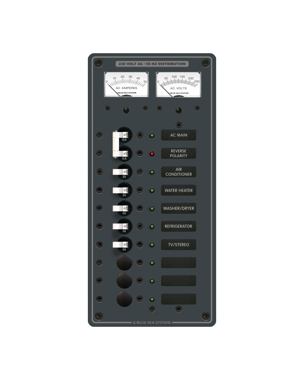 Blue Sea Systems Panel 230VAC 10pos w/Main V/Amtr