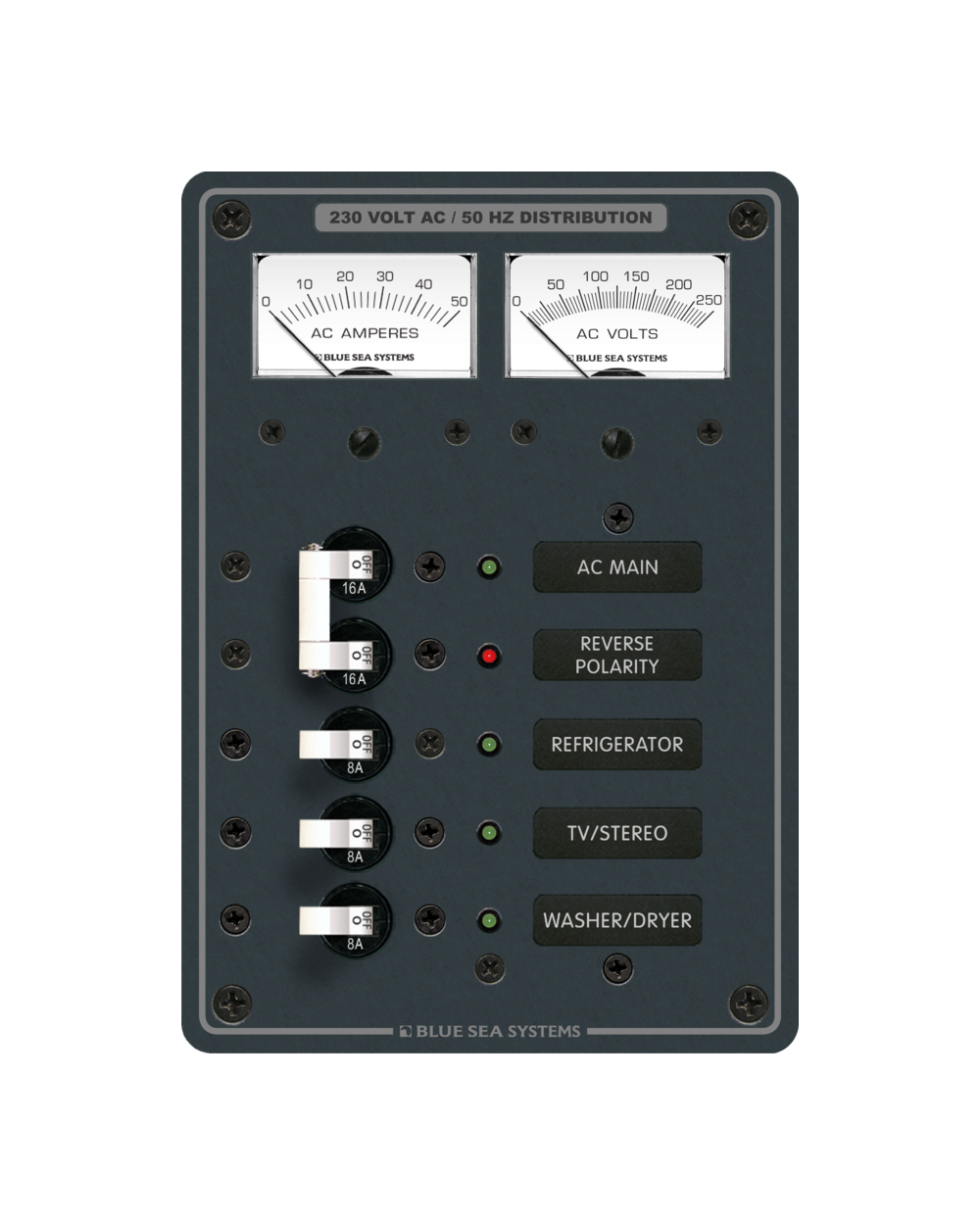 Blue Sea Systems Panel 230VAC 5pos w/Main V/AMtr