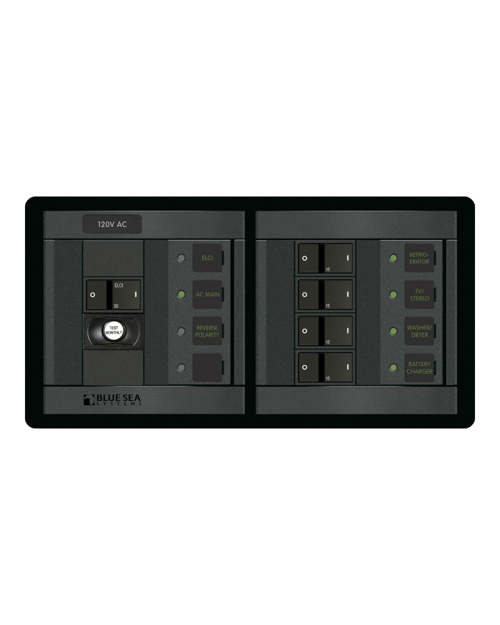 Blue Sea Systems Panel 360 120VAC 5pos w/ELCI Main 30A FR H