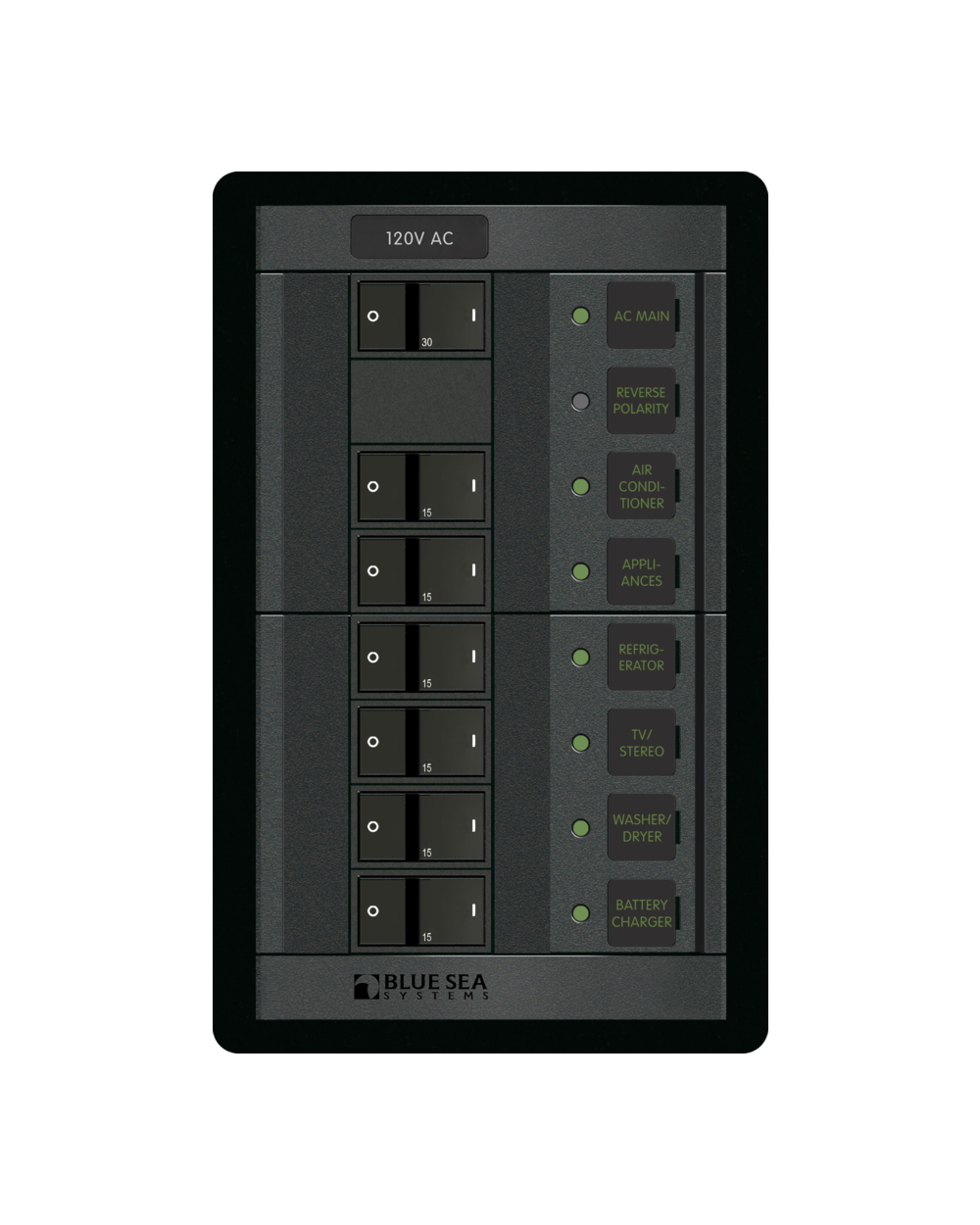 Blue Sea Systems Panel 360 120VAC 6pos w/Main FR