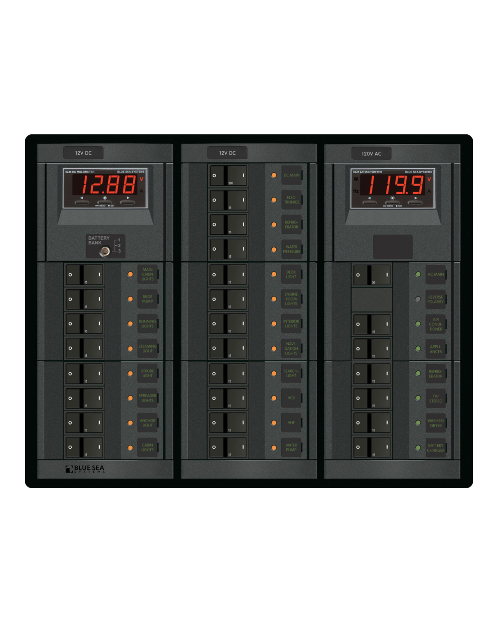 Blue Sea Systems Panel 360 120VAC8p/12VDC20p DMMs FR