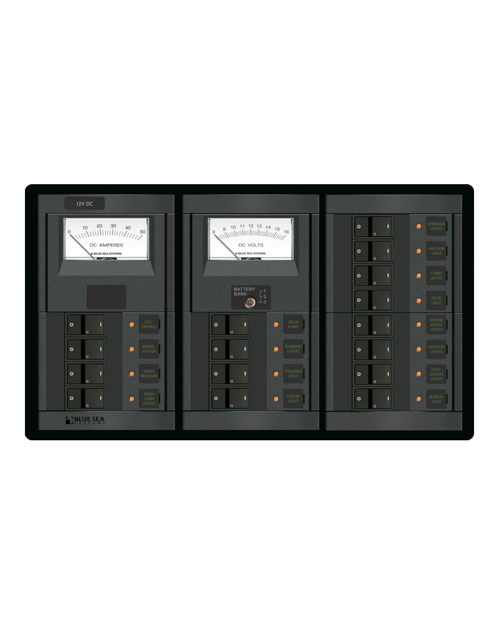 Blue Sea Systems Panel 360 12VDC 16pos V/AMtr FR