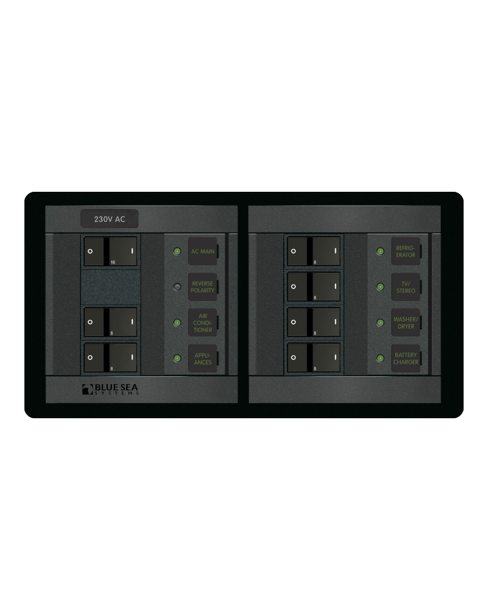 Blue Sea Systems Panel 360 230VAC 6pos w/Main FR H