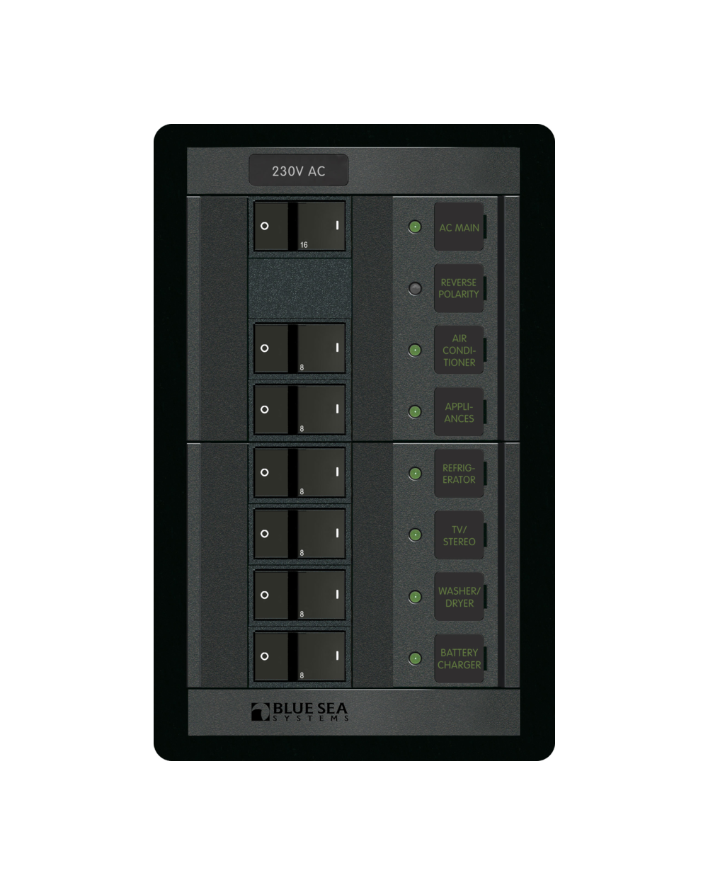 Blue Sea Systems Panel 360 230VAC 6pos w/Main FR