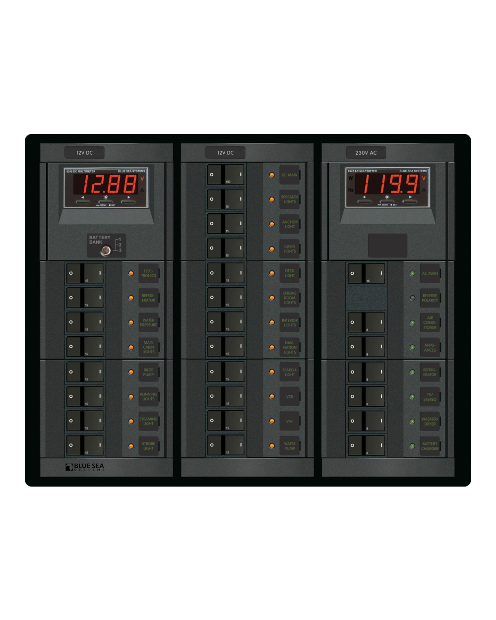 Blue Sea Systems Panel 360 230VAC8p/12VDC20p DMMs FR