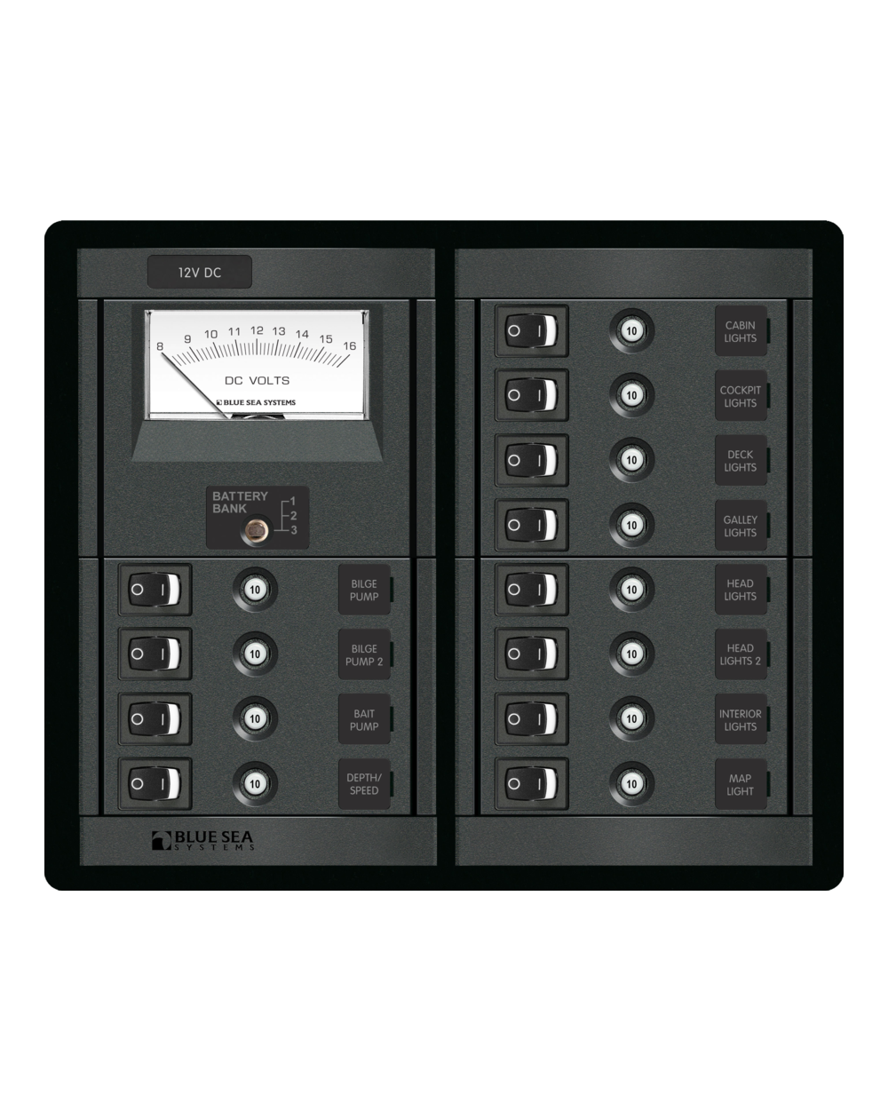Blue Sea Systems Panel 360 DC 12pos Sw CLB VMtr S.