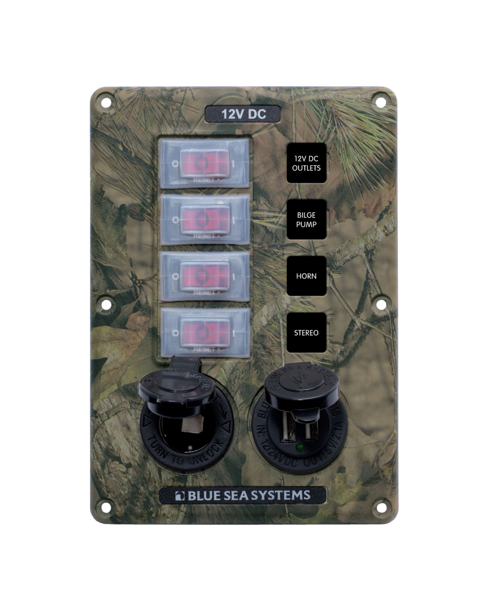 Blue Sea Systems Panel Switch H2O CB 4pos Sckt & USB Camo